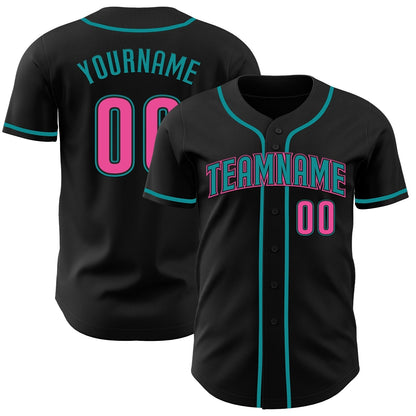 Custom Black Pink-Teal Authentic Baseball Jersey
