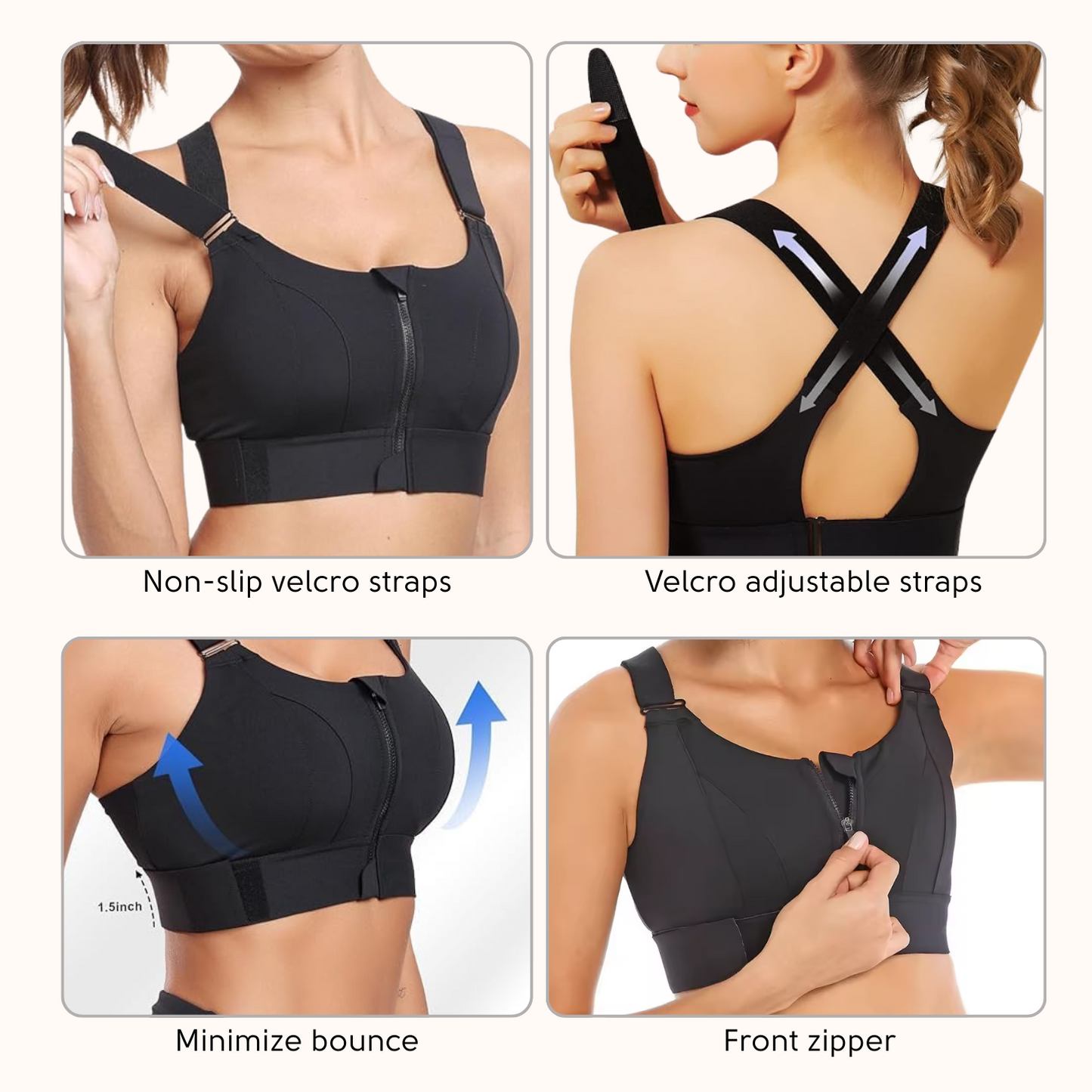 Women Sports Bras Tights Crop Top Yoga Vest Front Zipper Plus Size Adjustable Strap
