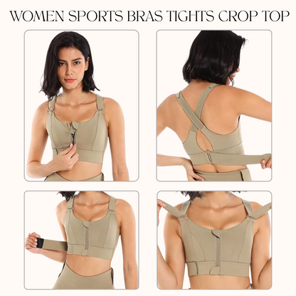 Women Sports Bras Tights Crop Top Yoga Vest Front Zipper Plus Size Adjustable Strap